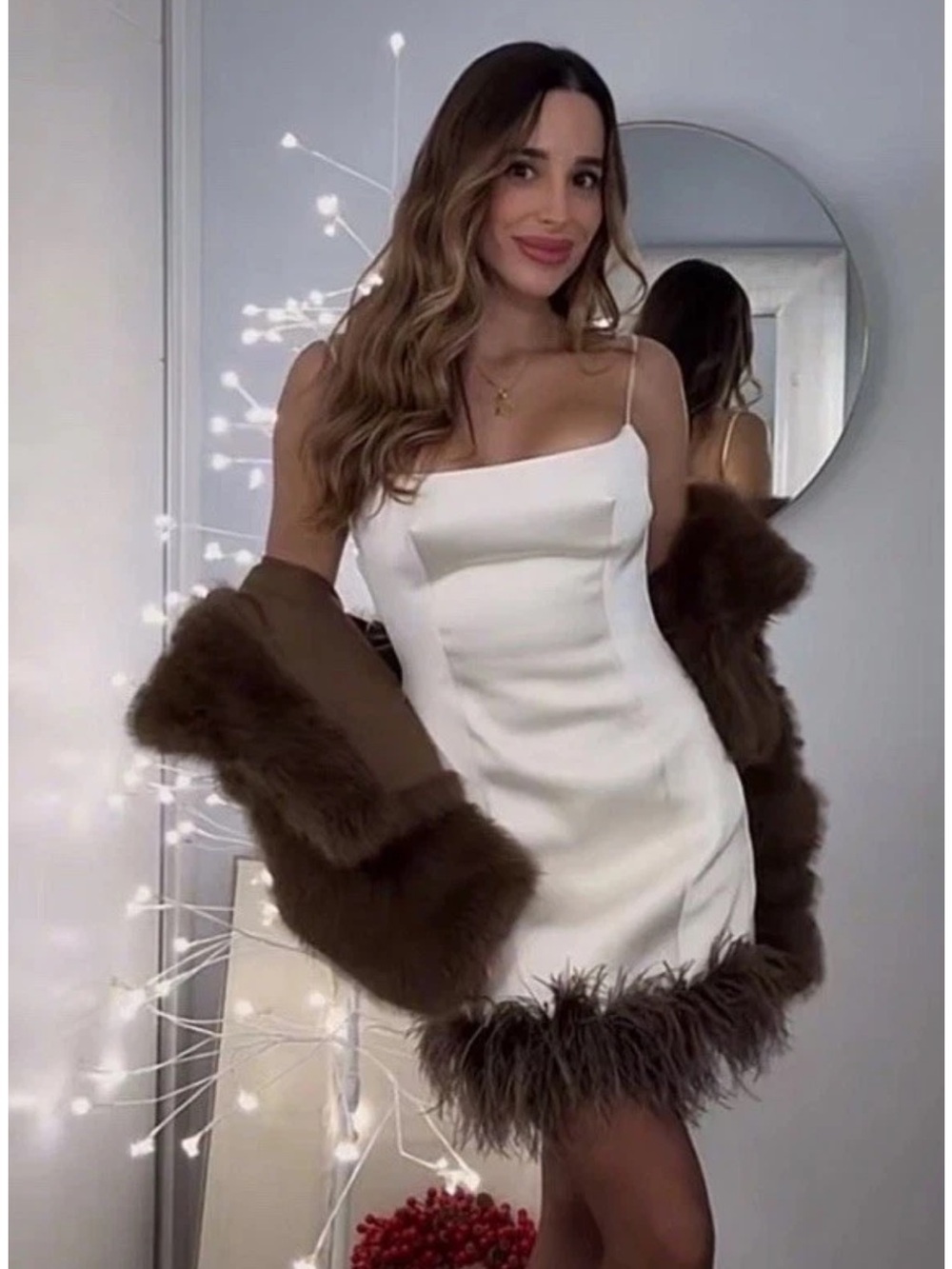 Zara White Spaghetti Strap Mini Dress with Brown Feather Trim